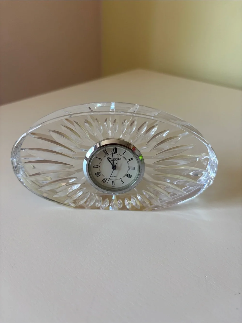 Waterford Clear Crystal Oval Desk Clock with Silver Trim